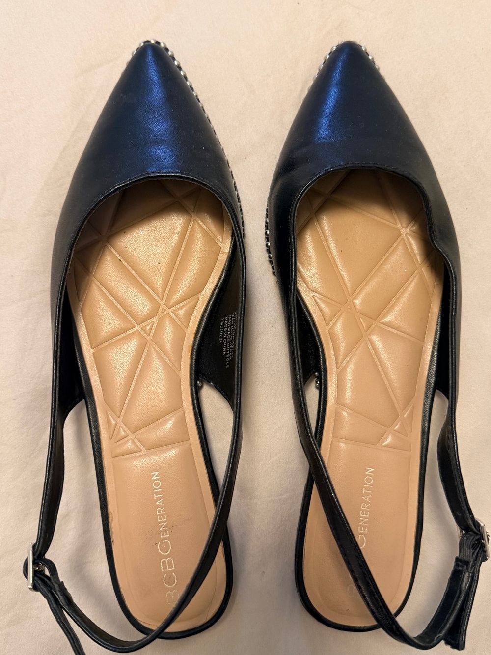 BCBGeneration Black Pointed Slingback Flats with Stud Trim